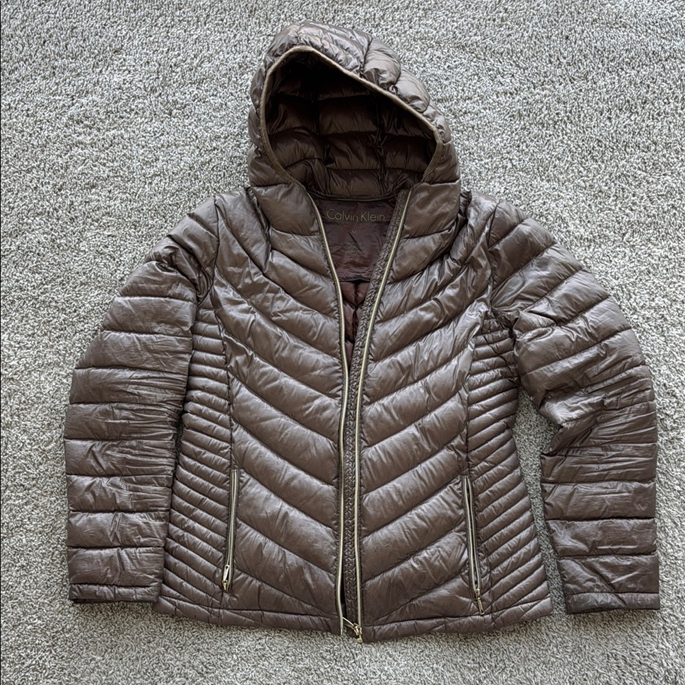 Calvin Klein Women's Quilted Brown Hooded Jacket